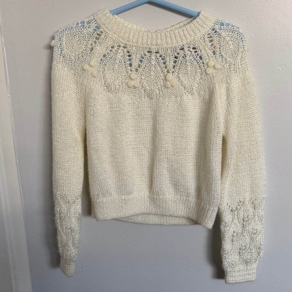 Rachel Zoe Ivory Knit Sweater with Pom Trim